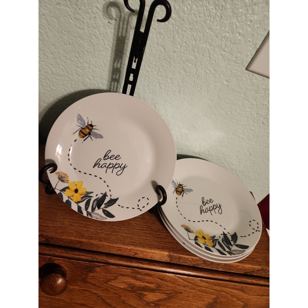 4 Royal Norfolk BEE HAPPY Salad Side Plates 7.5" Yellow Floral Bumble Bee Spring
